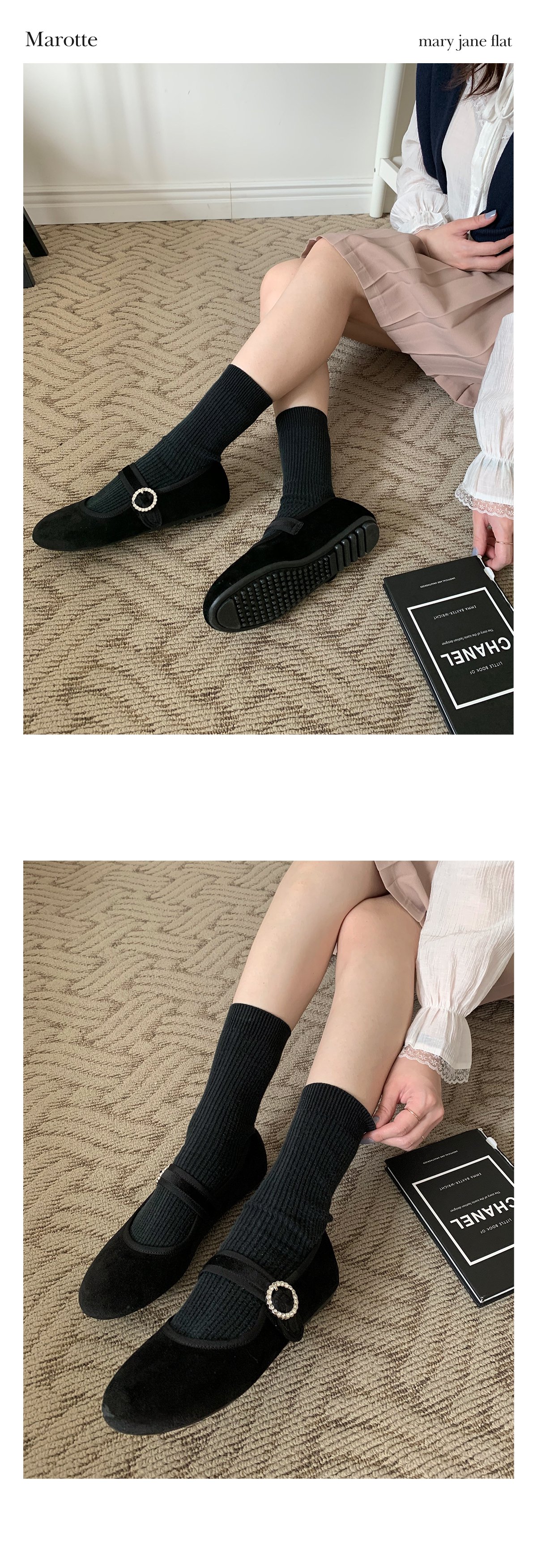 [단독] 마로트 메리제인 벨벳 진주보석 플랫 슈즈 1cm 발편한 로퍼 봄 구두 데이트 하객룩 졸업식 개강룩 드뮤어룩 상세 이미지 6